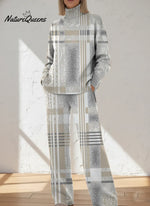 Women's Abstract Geometric Art Print Casual Knitted Cotton Top Pants Suit