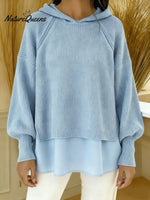 Women's Solid Color Patchwork Long Sleeve Casual Loose Hooded Sweatshirt