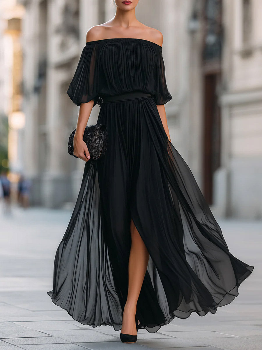 Women's Solid-color Off-the-shoulder 3/4-sleeve Casual Loose Chiffon Dress