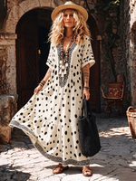 Breathable Polka-dot Cotton-linen Boho Dress With Pockets