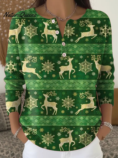 Women's Christmas Deer Pattern Art Print Casual Cardigan Sweater
