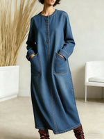 Women's New Spring Collection Round Neck Long-sleeved Casual Loose Denim Dress With Pockets.