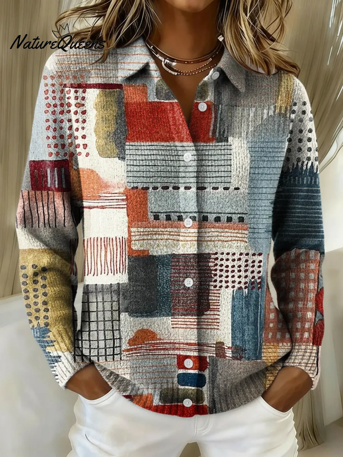 Women's Abstract Pattern Collared Sweater