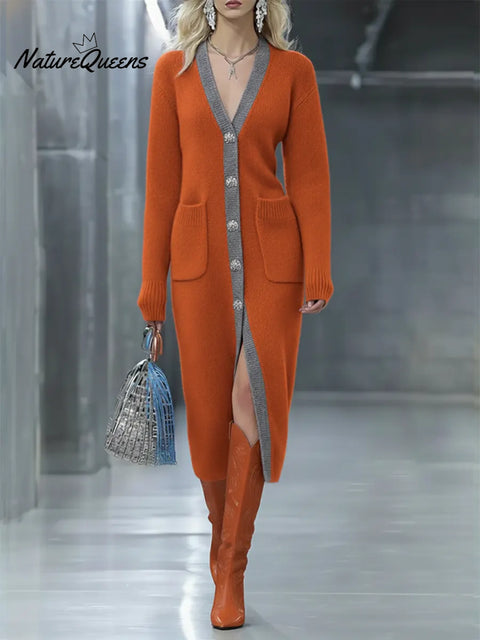 Women's Color-blocked Long Cardigan Sweater Dress