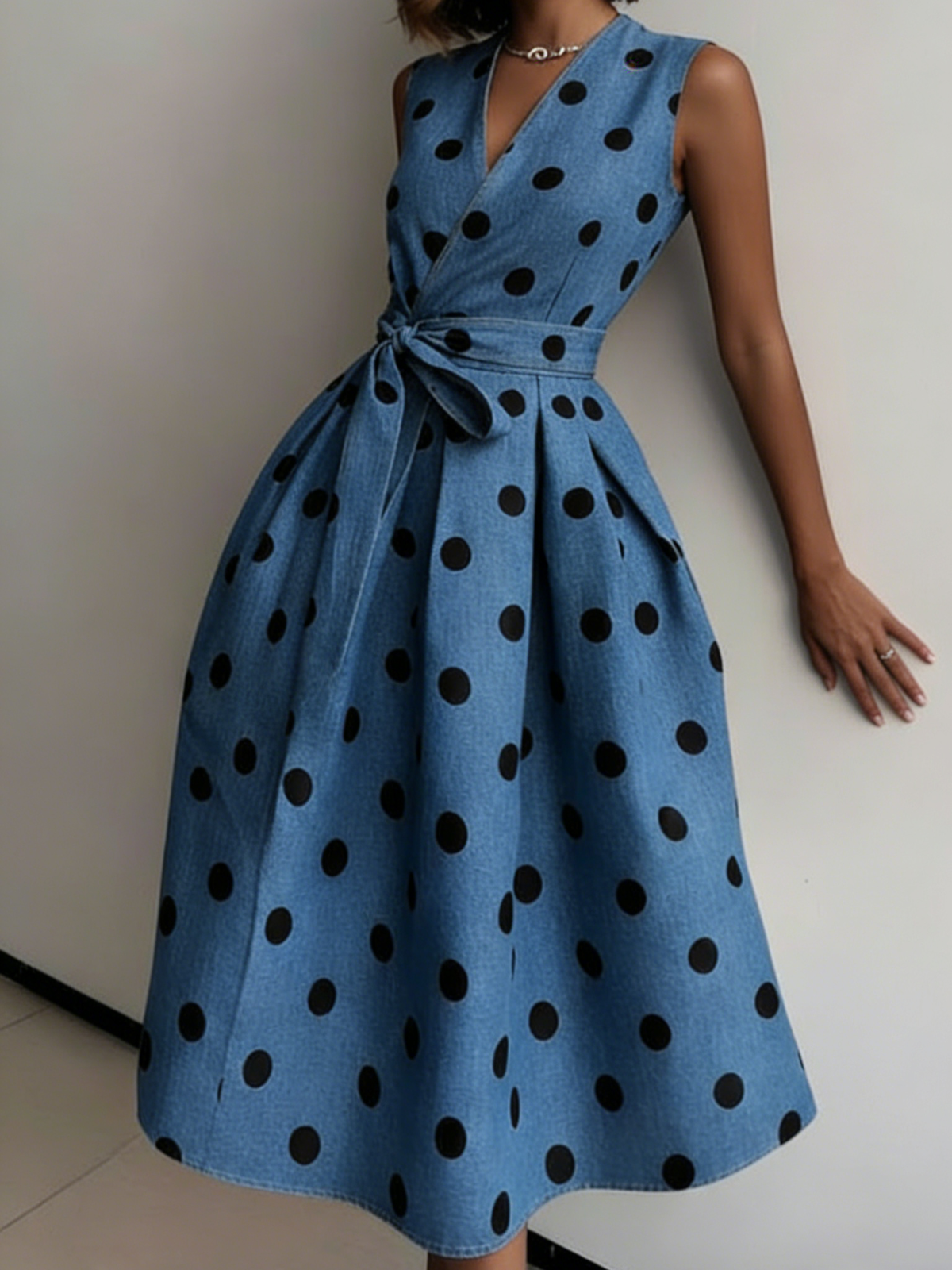 Elegant V-neck Polka Dot Print Denim Dress