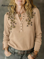 Women's Floral Print Waffle-knit Cotton Henley Top