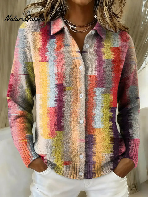 Women's Retro Gradient Stripes Printed Collared Sweater