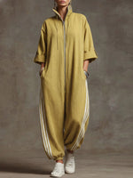 Women's Stand-collar 3/4 Sleeve Casual Loose Hooded Linen Jumpsuit