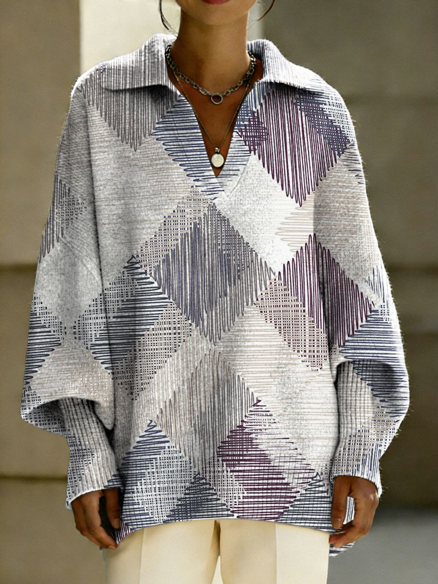 Linear Geometric Decorative Patterns Women's Casual V Collar Long Sleeve Sweater