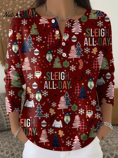 SLEIGH ALL DAY Merry Christmas  Art Print Buttoned Cardigan Sweater