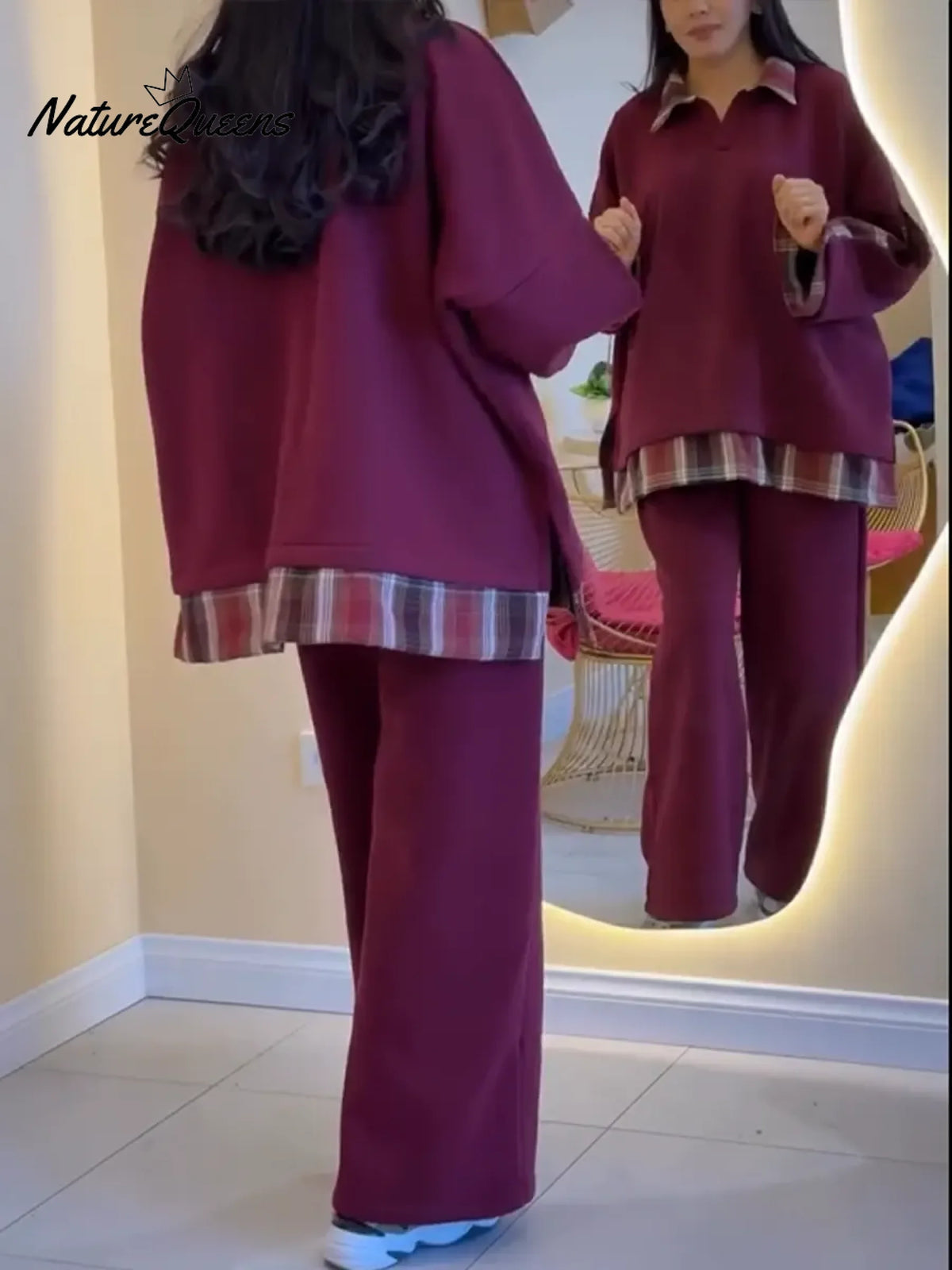 Women's Plaid Patchwork Cotton Sweatshirt And Pants Two-piece Set