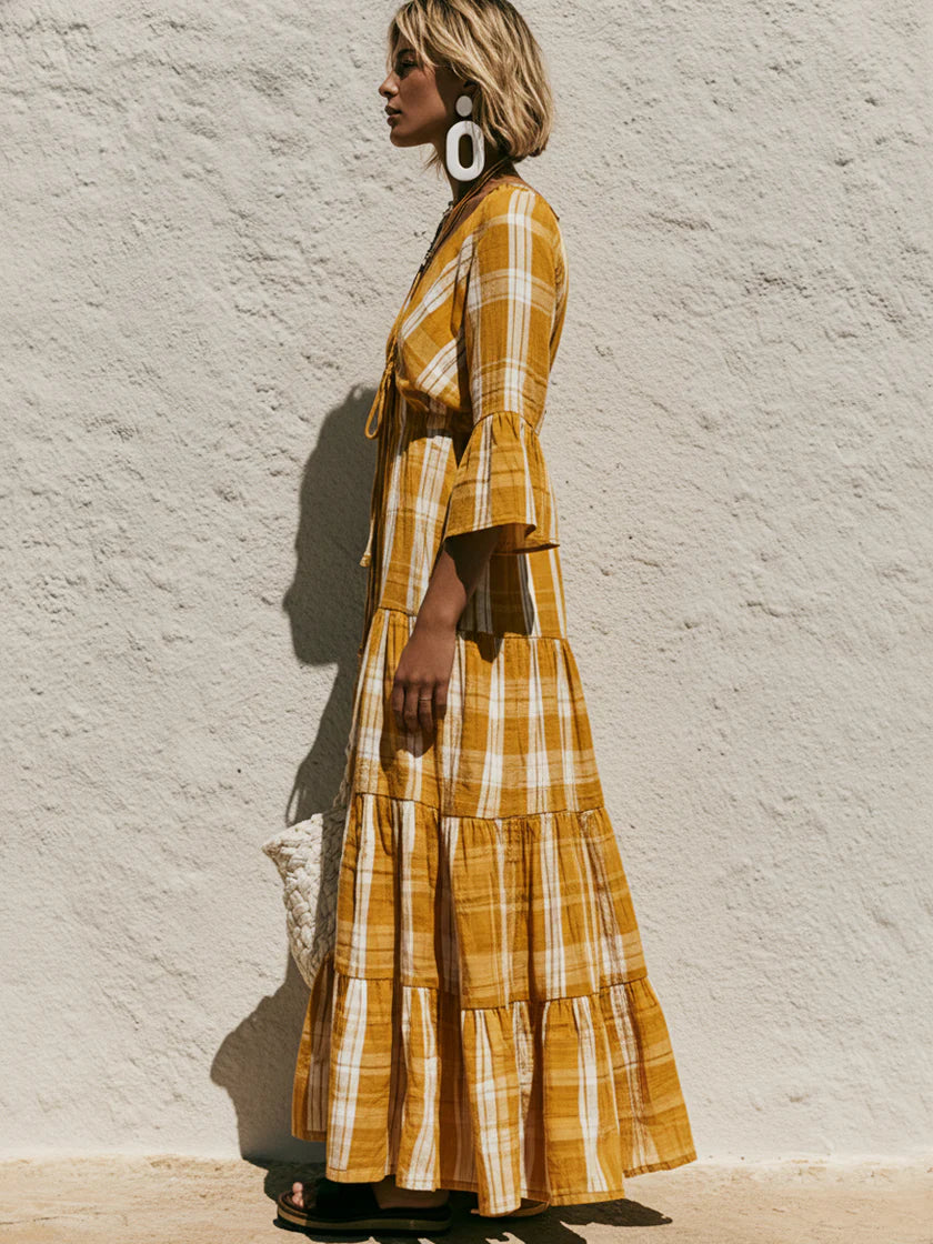 Casual Linen And Cotton V-neck Plaid Dress