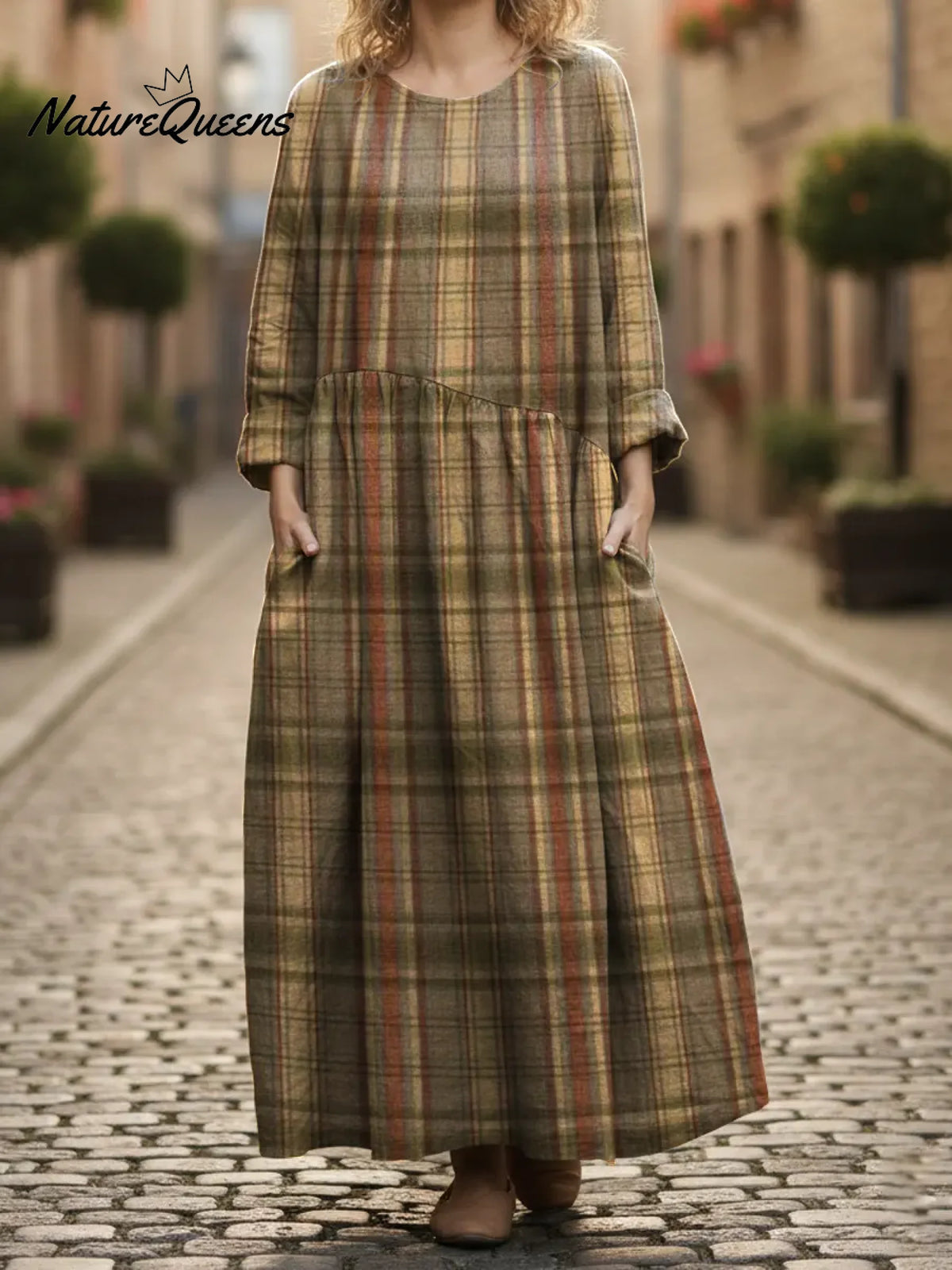 Women's Artistic Striped Plaid Print Pocket Cotton Dress