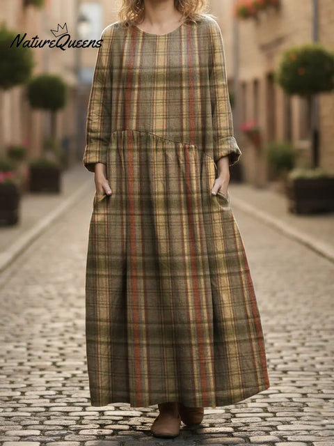 Women's Artistic Striped Plaid Print Pocket Cotton Dress