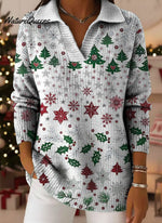 Retro Christmas Snowflake Art Pattern Polo Collar Shiny Loose Sweater Top