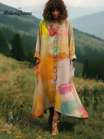 Sunset Orange Color Palette Printed Lace Trim V-neck Dress