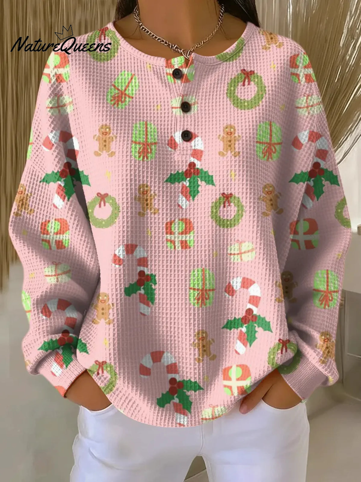 Women's Cute Pink Christmas Print Casual Cotton Shirt