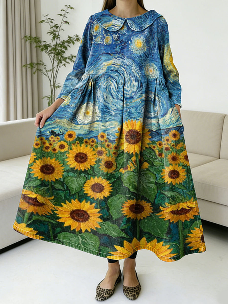Van Gogh-style Sunflower Field Decorative Pattern Women's Casual Peter Pan Collar Long Sleeve Dress