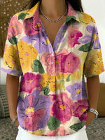 Women's Retro Botanical Print Casual Short-sleeve Linen-cotton Shirt With Polo Collar