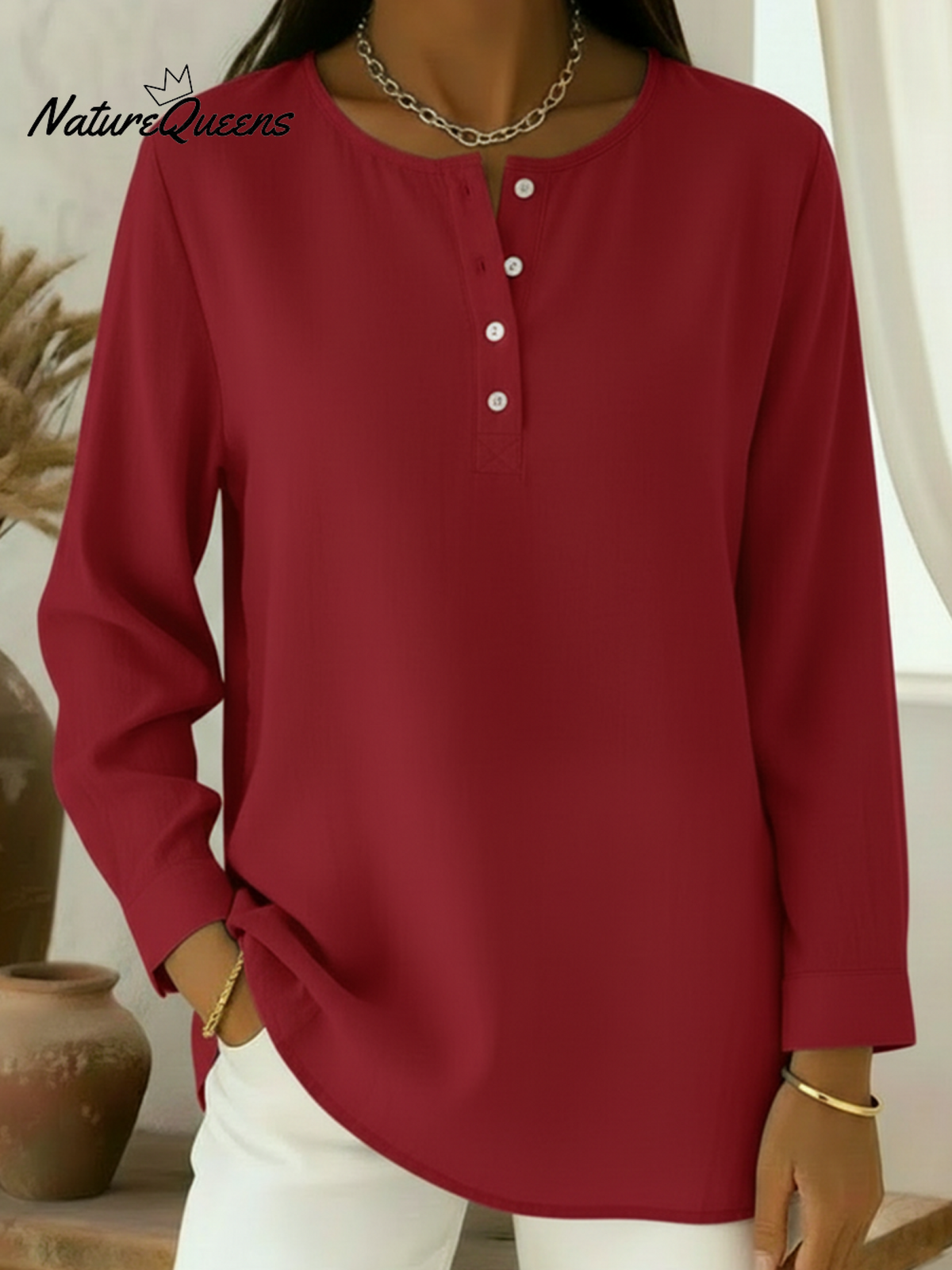 Casual Henley Collar Cotton And Linen Shirt