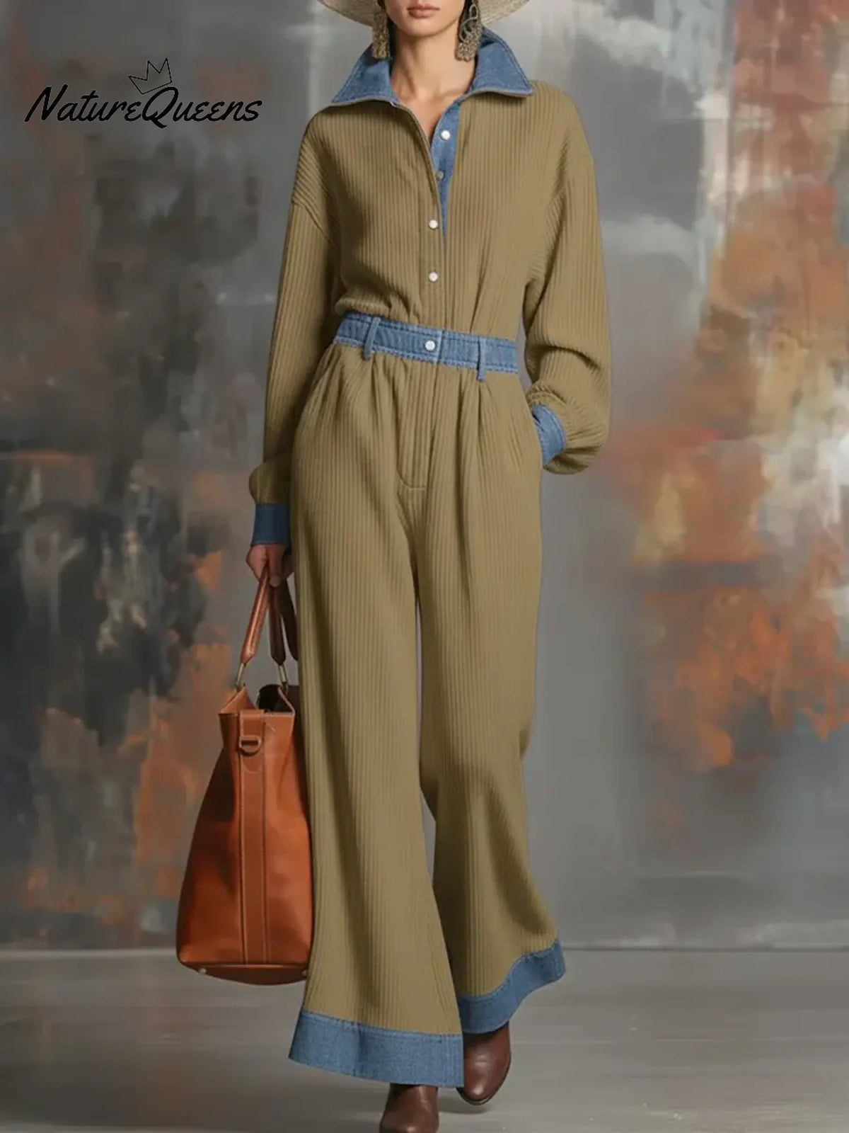 Women's Solid Color Denim Patchwork Shirt Collar Long Sleeve Casual Loose Knit Jumpsuit