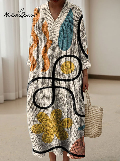 Women's Color Block Abstract Pattern Art Print Casual Cotton Knitted Dress