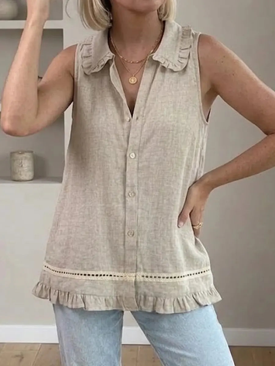 Women's Sleeveless Cotton And Linen Top With Peter Pan Collar