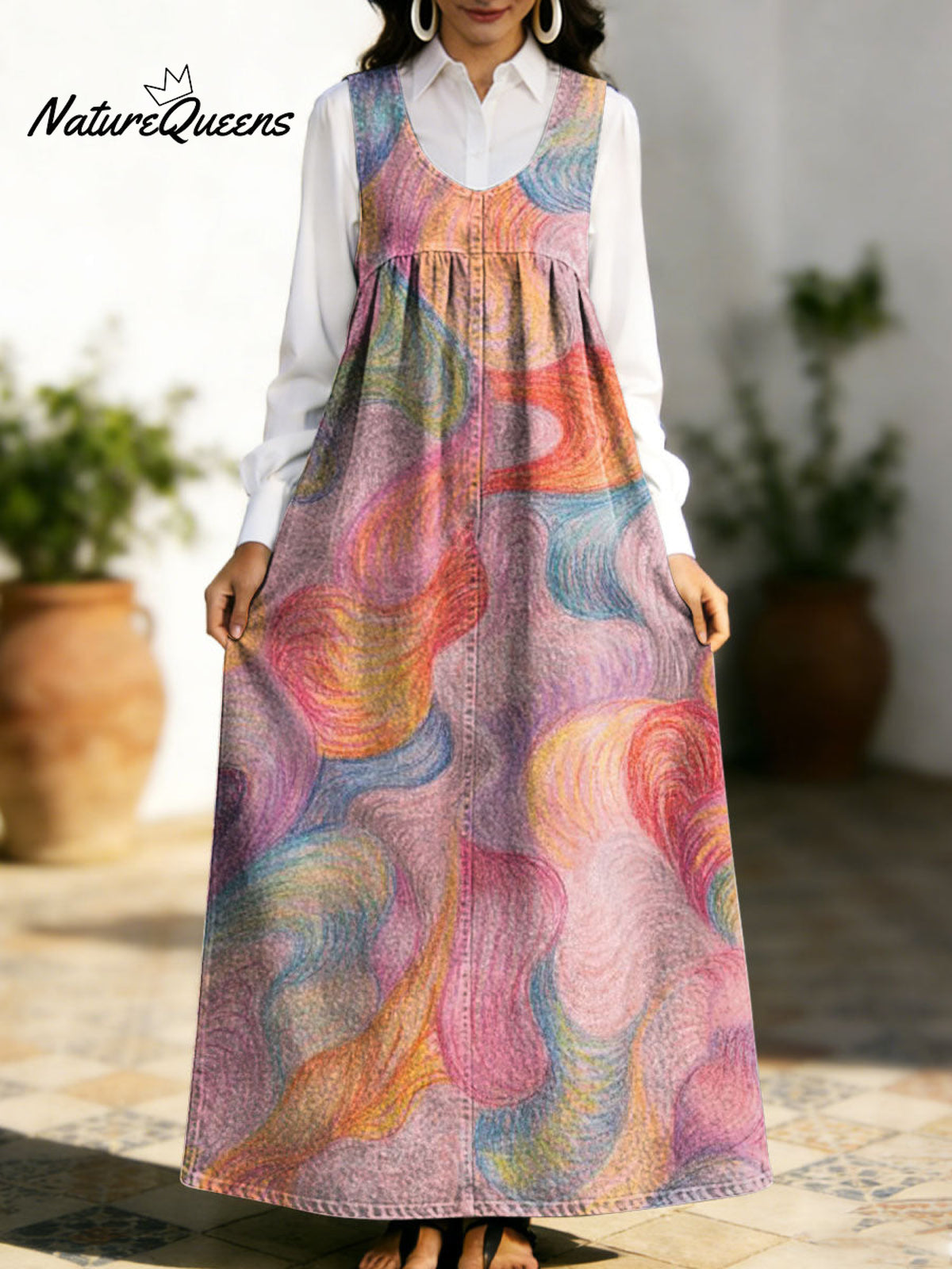 Women's Retro Geometry Colorful Flowers Pattern Art Print Casual Cotton Denim Dress