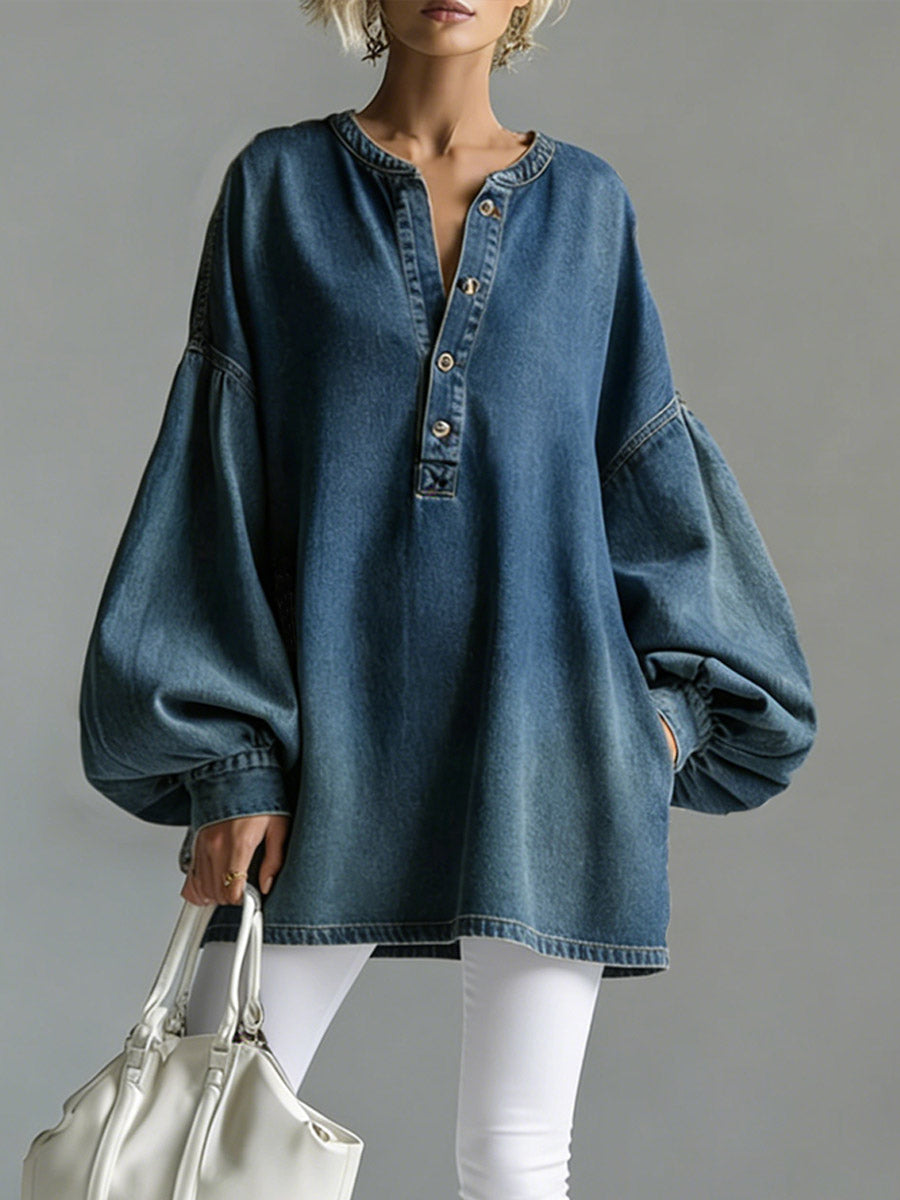 Women's V-neck Long-sleeved Casual Loose Denim Top
