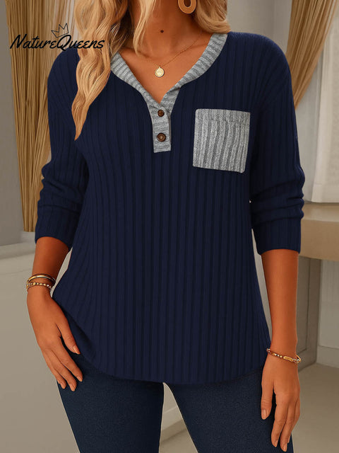Women's V-neck Long Sleeve Contrast Color Casual Loose Knit Top
