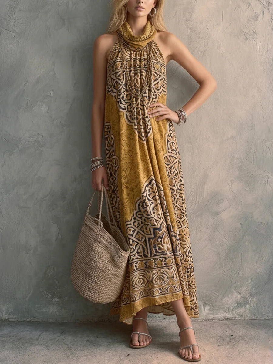 Bohemian Art-print Halter-neck Sleeveless Linen And Cotton Dress