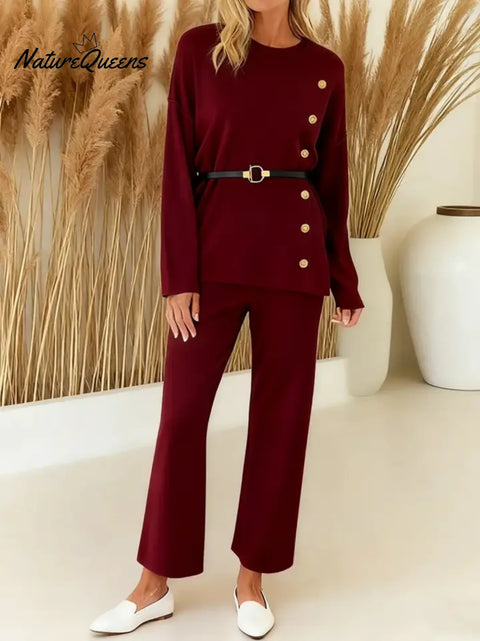 Women's Solid Color Round Neck Long Sleeve Casual Button-Down Loose Top and High-Waisted Wide-Leg Casual Pants Set