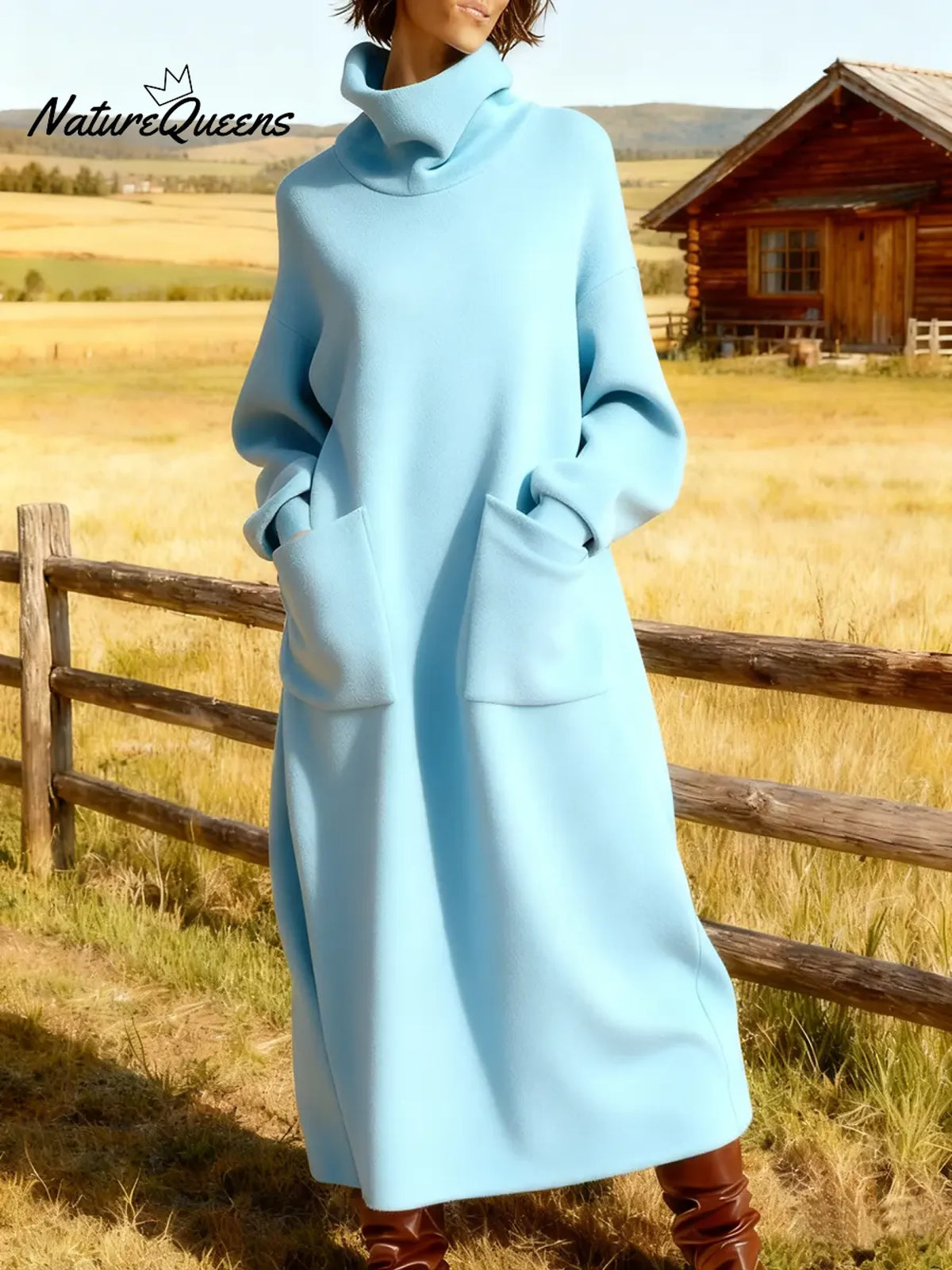 Women's Solid Color High-neck Long-sleeved Casual Loose A-line Velvet Dress