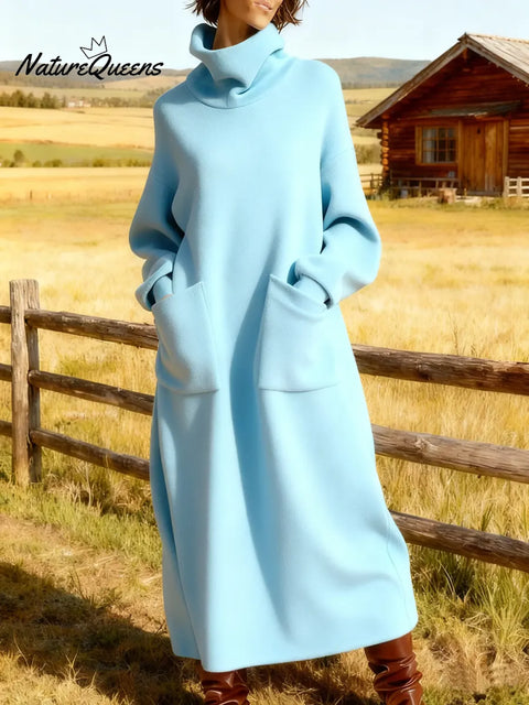 Women's Solid Color High-neck Long-sleeved Casual Loose A-line Velvet Dress