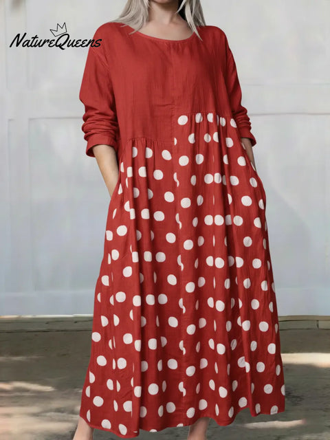 Women's Loose-fitting Polka Dot Patchwork Long-sleeved Linen Cotton Dress