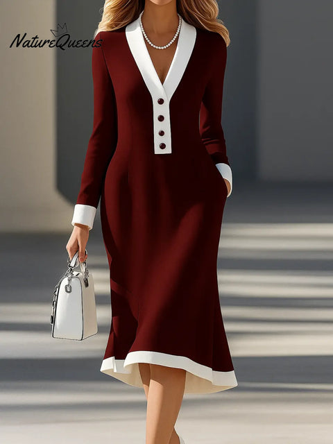 Women's Color-blocked V-neck Long-sleeved Casual Loose Dress