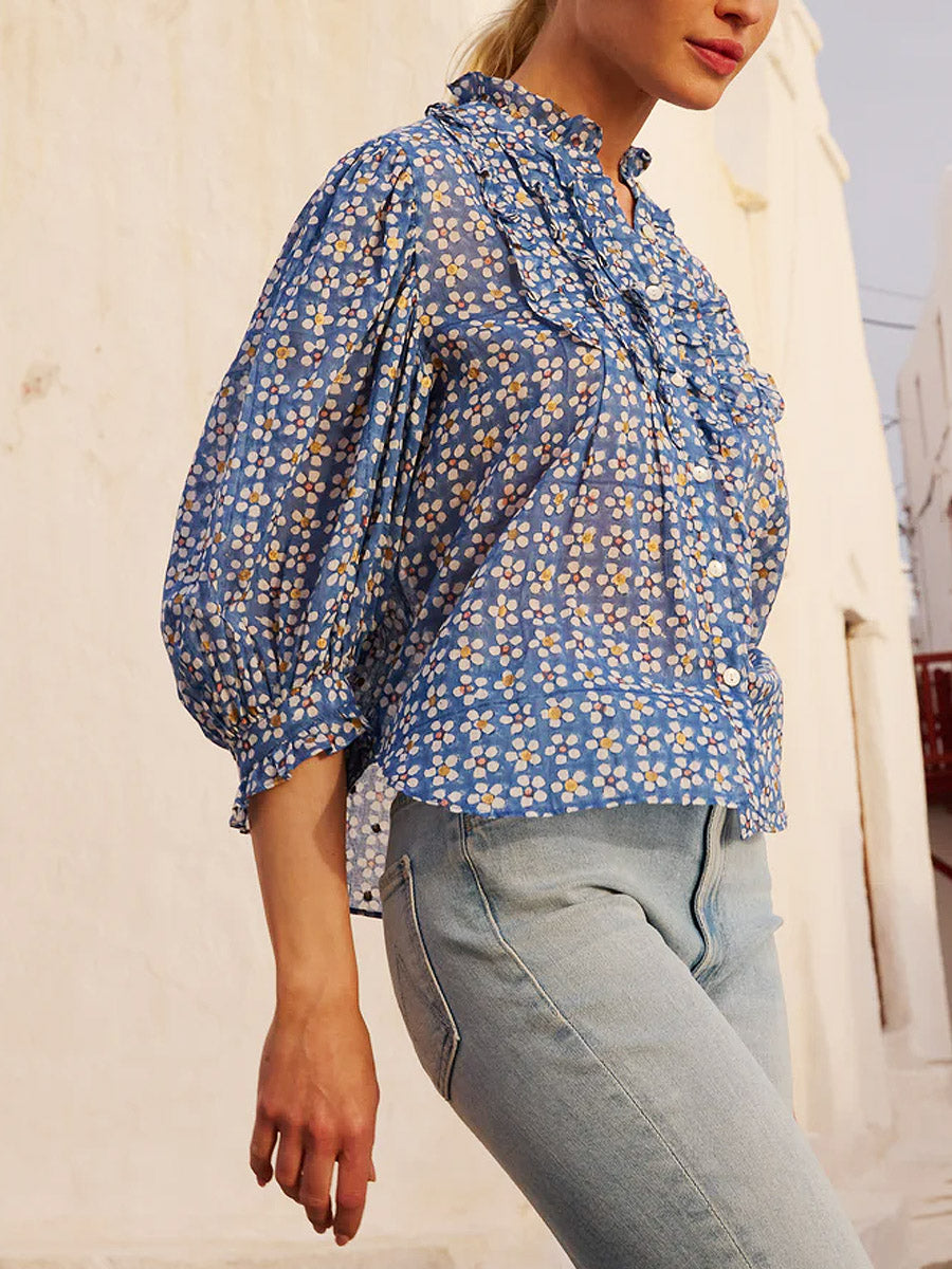 Women's Floral Ruffled Art Casual Stylish Cotton Linen Shirt