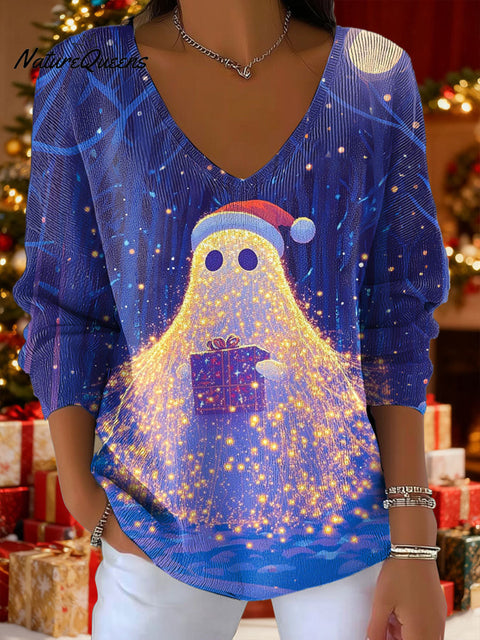Women's Neon Lights Christmas Gifts Ghost Lights Pattern Art Print V-neck Solid Color Loose Shiny Sweater