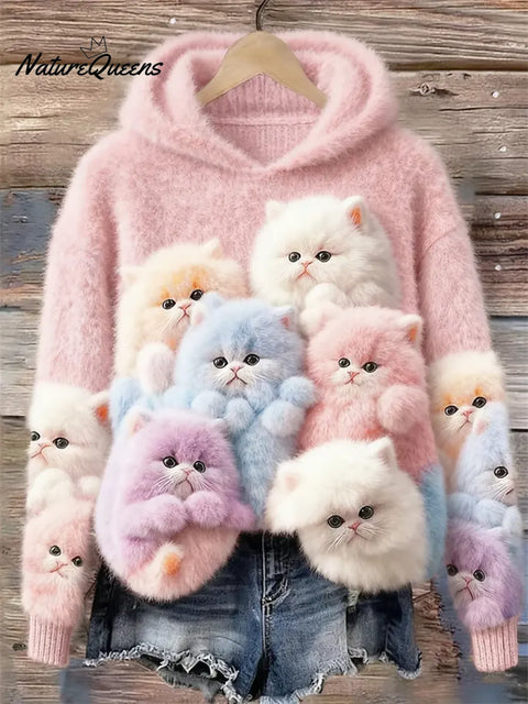 Women's Funny Cats Art Print Casual Velvet Hooded Sweatshirt