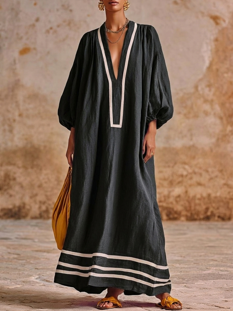 Artistic Line Color Block Loose Lantern Sleeve Maxi Dress