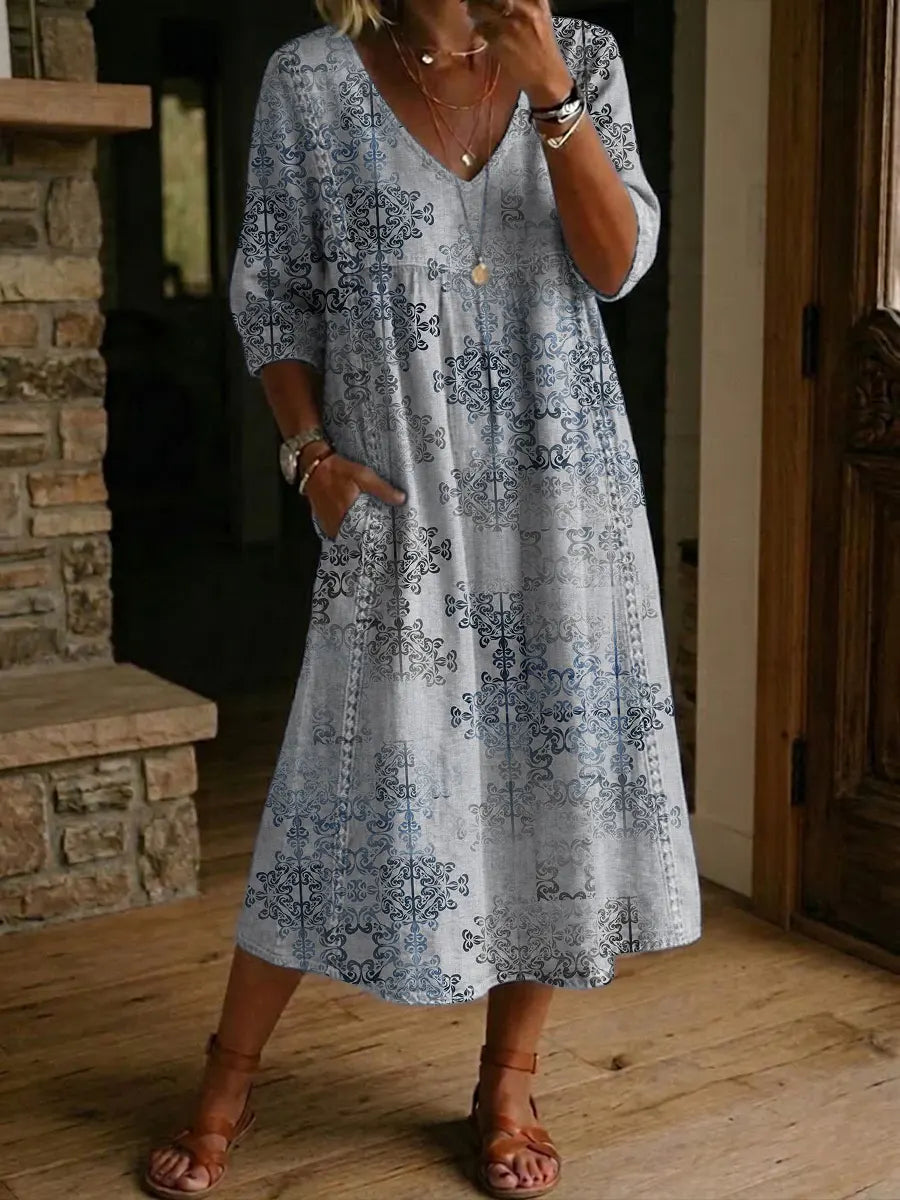 Women's Retro Pattern Print Cotton-linen Dress