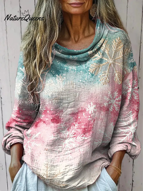 Women's Retro Christmas Gradient Snowflakes Art Print Cotton Casual   Shirt