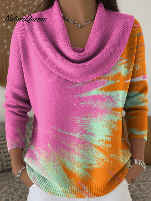 Women's Geometric Pink Contrasting Colors Print Cowl Neck Sweater