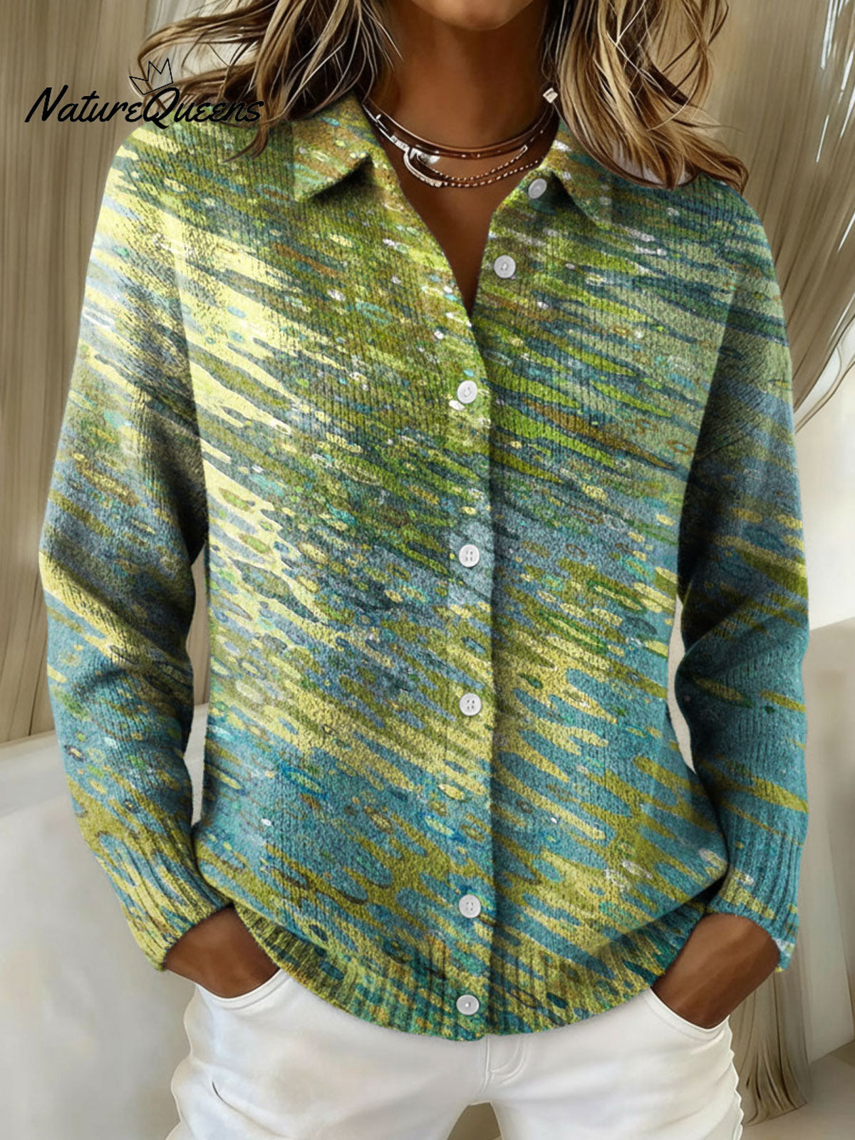 Women's Retro Patchwork Geometric Abstract Pattern Art Print Cowl Neck Sweater