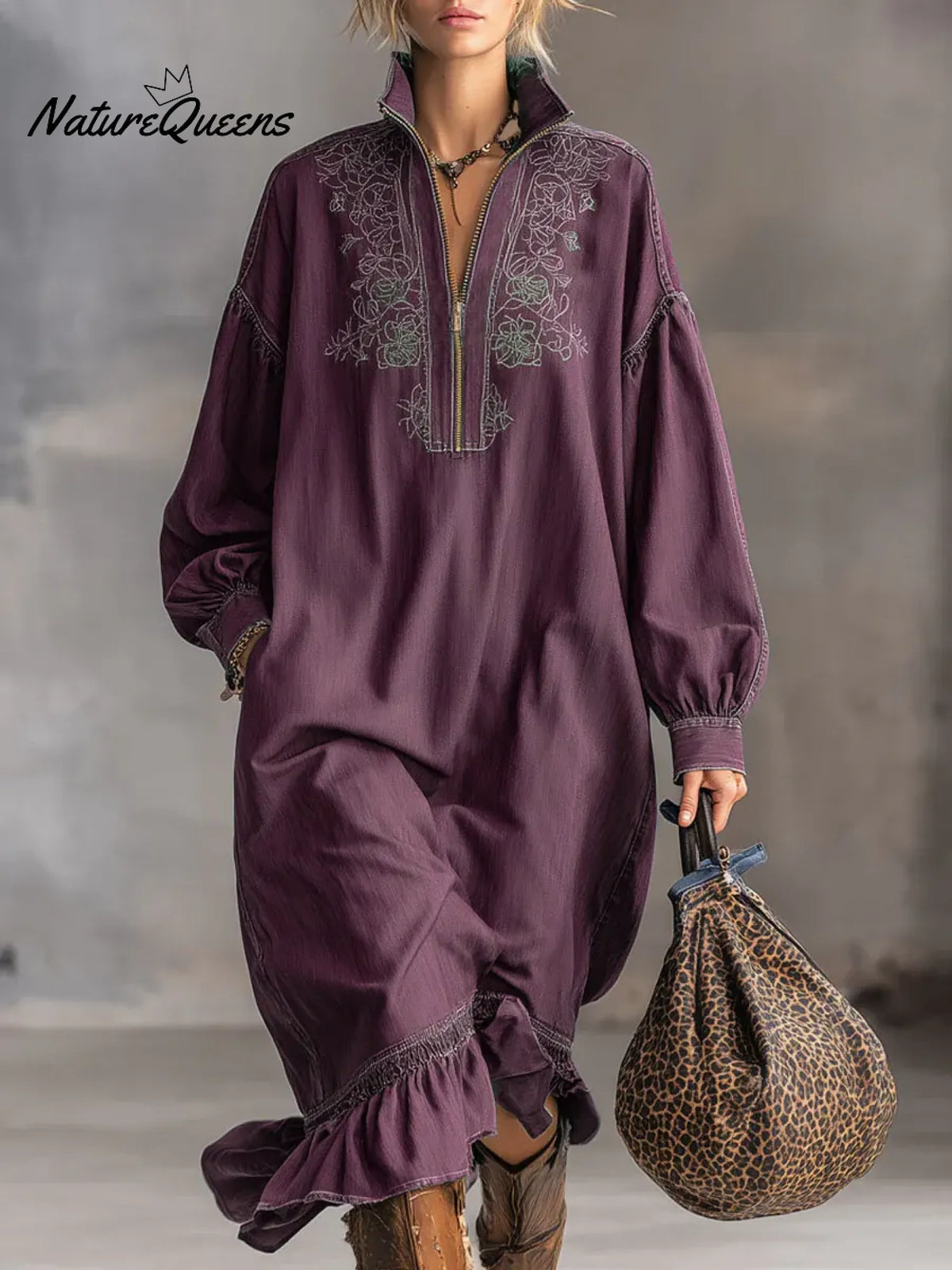 Women's Stand Collar Long Sleeve Casual Loose Ruffled Cotton Dress