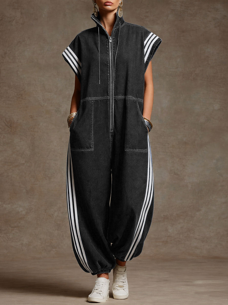 Women's Stand-collar Short-sleeved Casual Loose Denim Wide-leg Jumpsuit