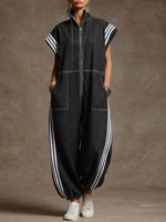 Women's Stand-collar Short-sleeved Casual Loose Denim Wide-leg Jumpsuit