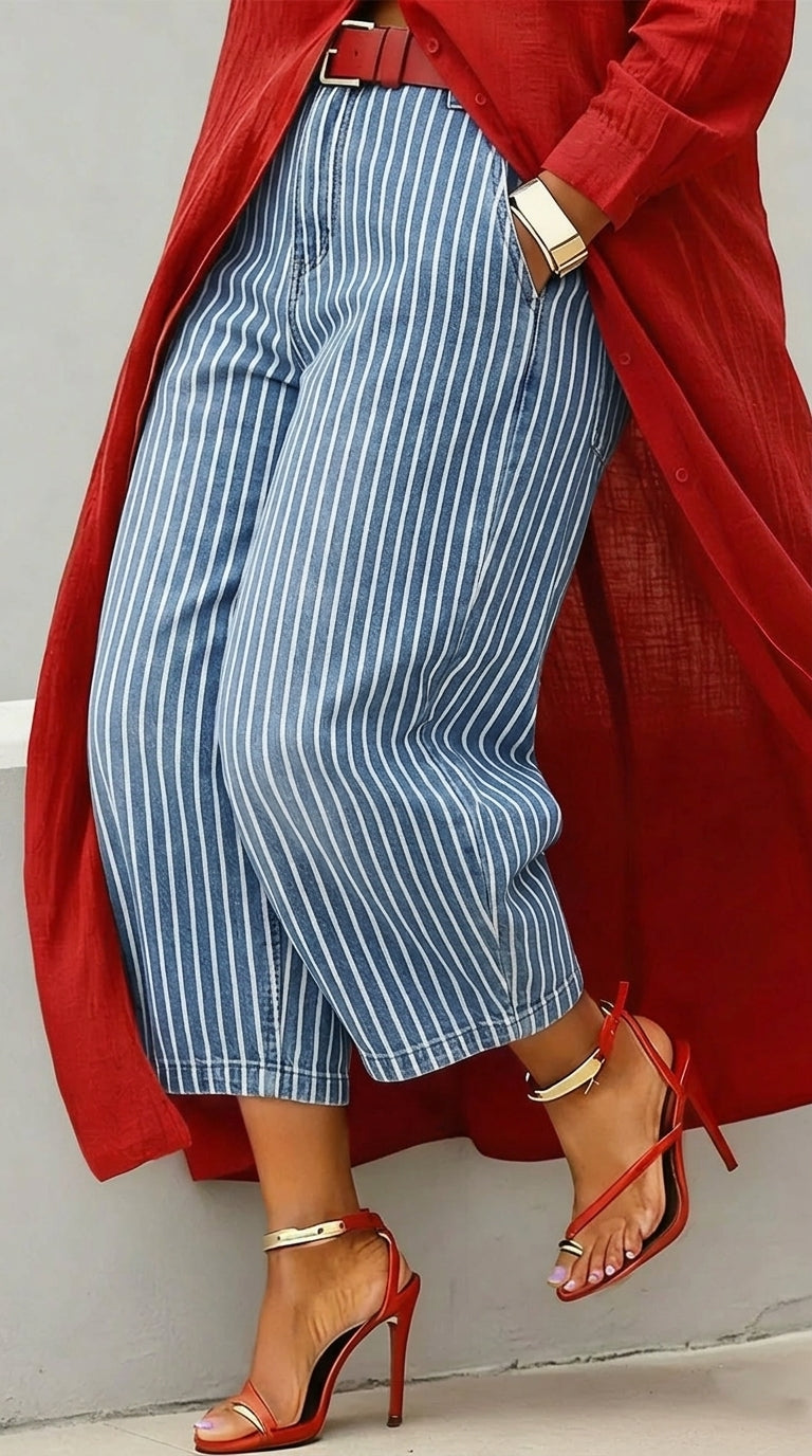 Women's Vintage Stripe Art Print Casual Jeans