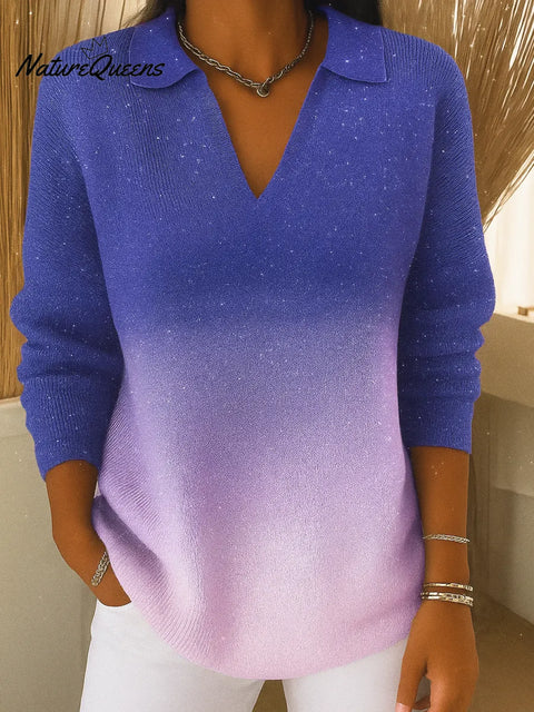 Women's Gradient V-neck Long-sleeved Sequined Casual Loose Knit Top