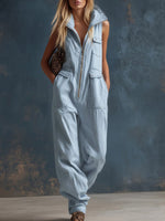 Women's Solid Color Stand-collar Sleeveless Casual Loose Cotton Wide-leg Jumpsuit